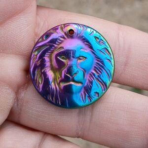 New Hand Carved Rainbow Hematite Lion's Head Round Pendant.